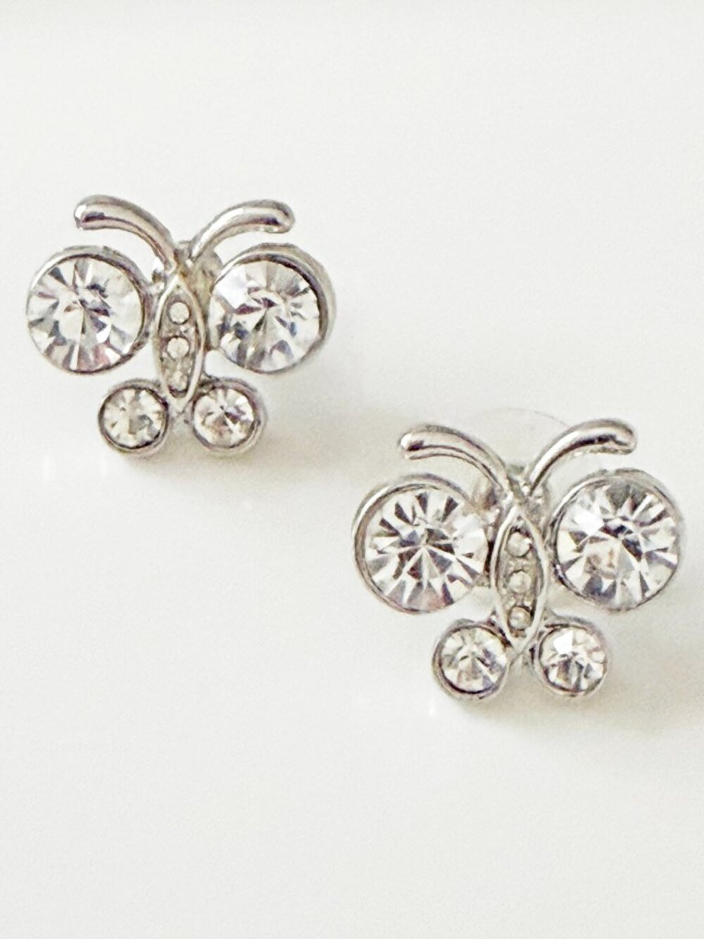 Vintage Style Silver Tone Crystal Rhinestone Butterfly Stud Earrings